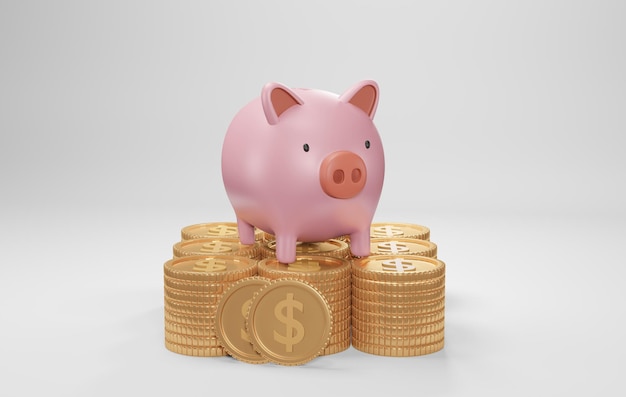 Pink piggy bank and Golden coins on white background save money for future 3D rendering