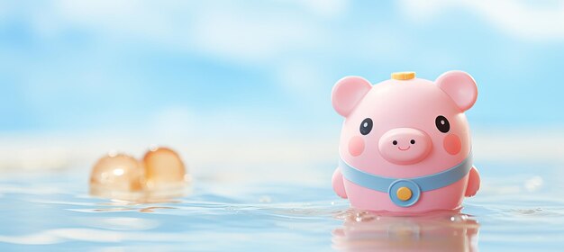 Photo pink piggy bank half submerged in blue water debt bankruptcy and financial loss concept