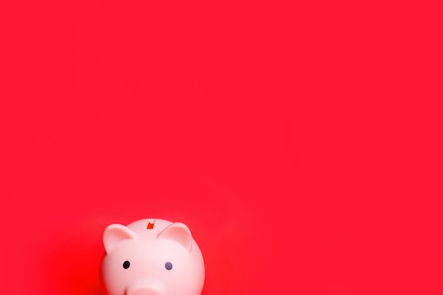 Pink piggy bank isolated against red background savings and\
loan crisis saving money is the key to financial independence