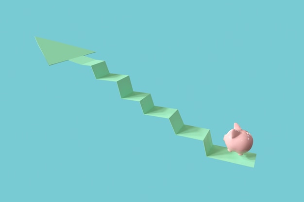 Pink Piggy Bank Jump on Arrow Up. Minimal idea business concept. 3D rendering.