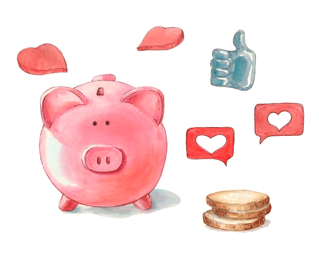 Pink piggy bank, like money thumbs-up heart red