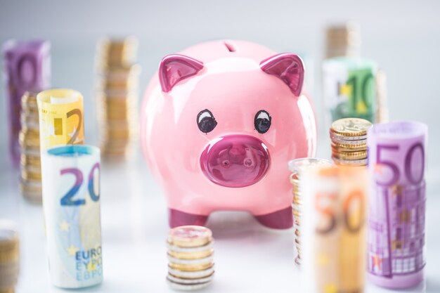 압연된 유로 지폐와 동전이 있는 타워 한가운데에 있는 분홍색 돼지 저금통.