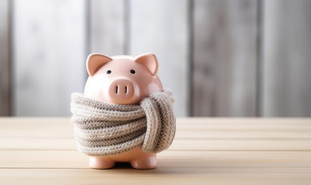 A pink piggy bank money box wrapped up warm with a scarf winter heating bills concept