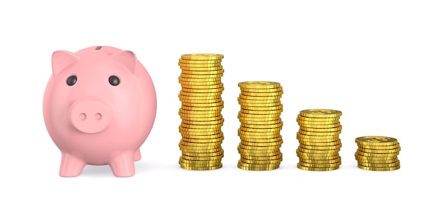 Pink piggy bank and money on white background Isolated 3D illustration