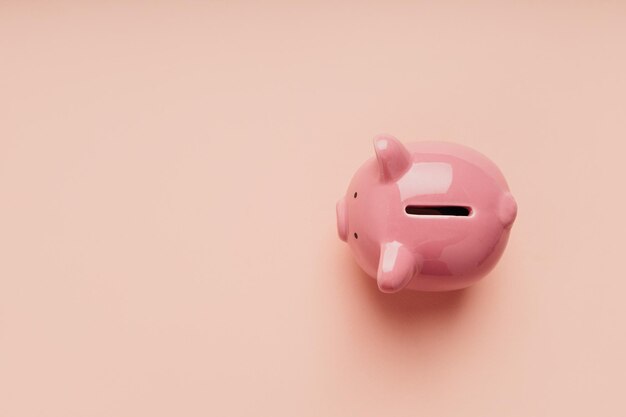 Pink piggy bank on pink background top view