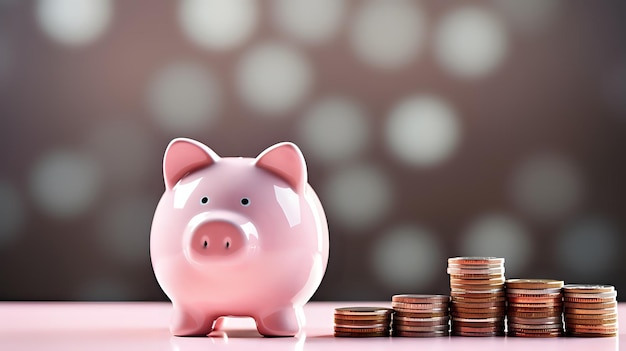 A pink piggy bank sits beside a stack of pennies nickels dime