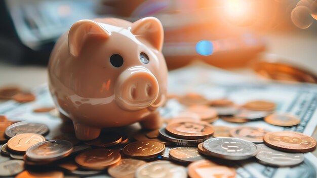 A pink piggy bank sits on a pile of coins The background is blurry and there is a warm glow around the piggy bank