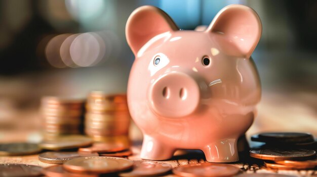 A pink piggy bank sits on a table in front of a blurry background Stacks of pennies are on either side of the piggy bank