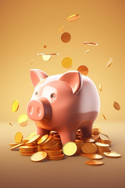 a pink piggy bank sitting on top of a pile of gold coins