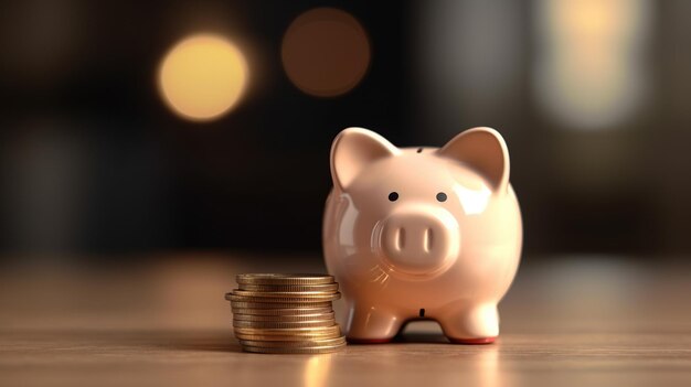 A pink piggy bank next to a stack of coins