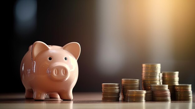 A pink piggy bank next to stacks of coins