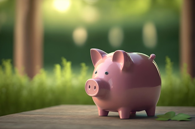 Pink piggy bank on the table with blurred green garden background