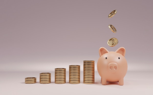 Pink piggy bank and US dollar coins falling on blue background for money saving and deposit concept , creative ideas by 3D rendering technique.