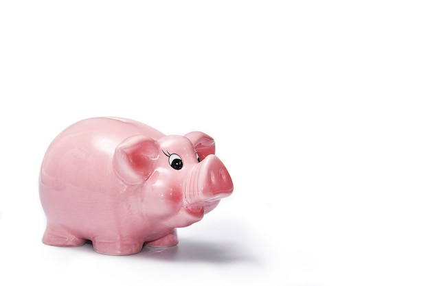 A pink piggy bank with a black nose and a white background.