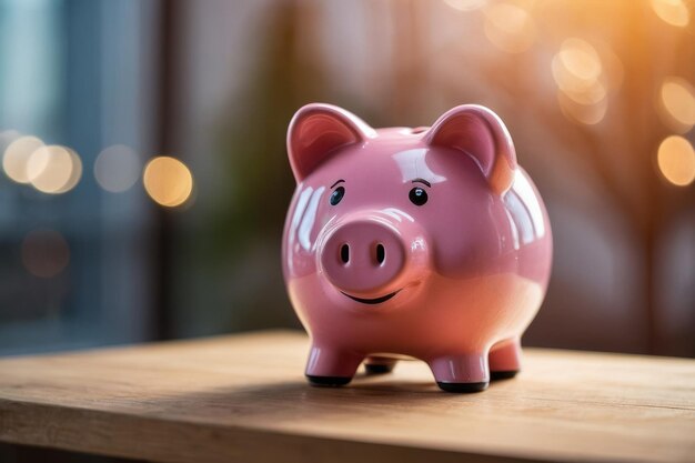 Pink piggy bank with bokeh background