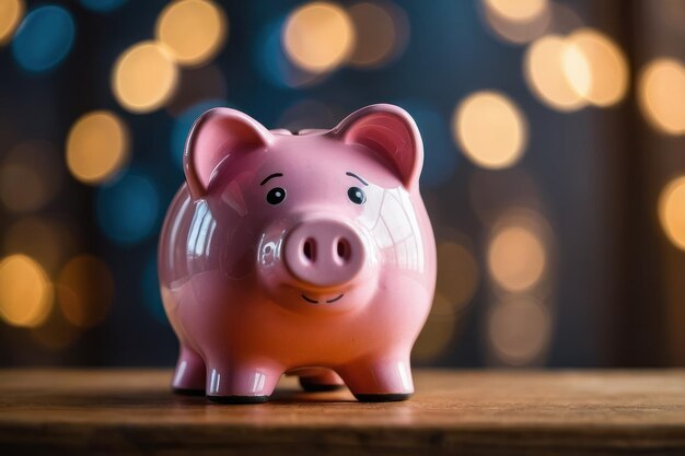 Pink piggy bank with bokeh background