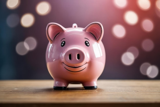 Pink piggy bank with bokeh background