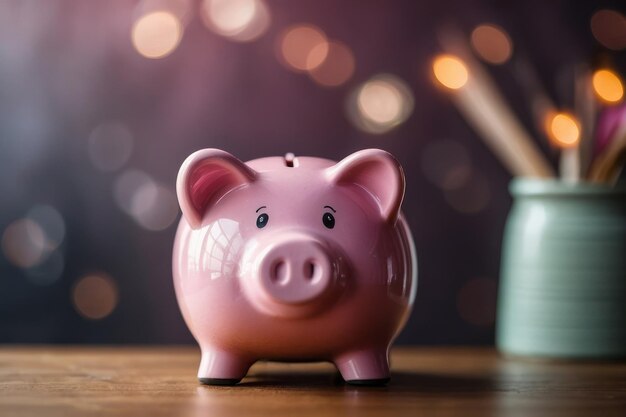 Pink piggy bank with bokeh background