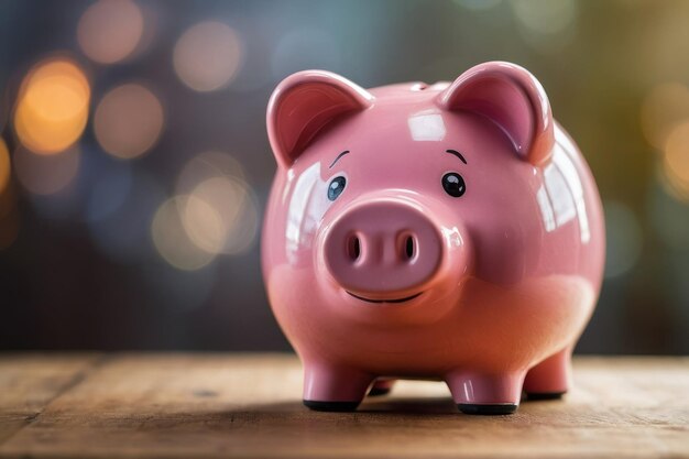 Pink piggy bank with bokeh background