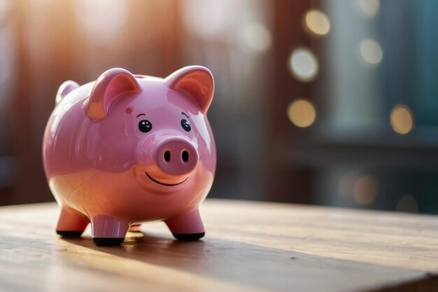 Pink piggy bank with bokeh background