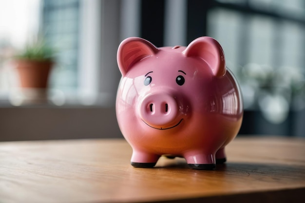 Pink piggy bank with bokeh background