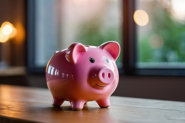 Pink piggy bank with bokeh background