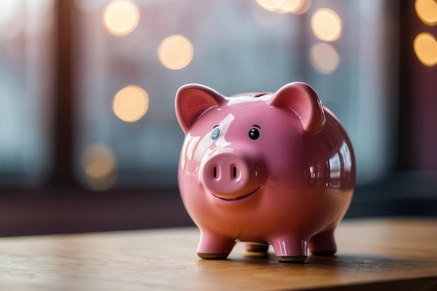 Pink piggy bank with bokeh background