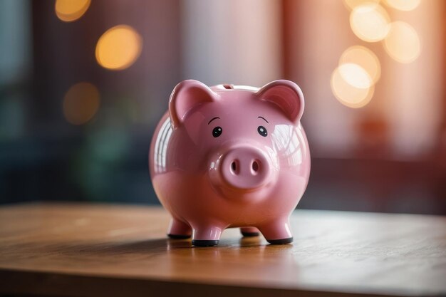 Pink piggy bank with bokeh background