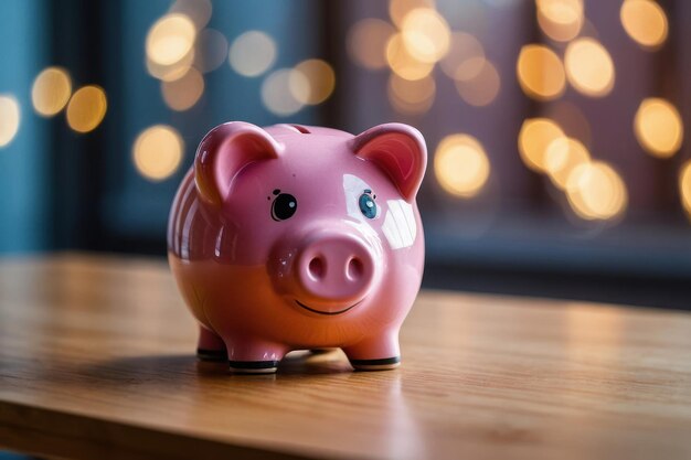 Pink piggy bank with bokeh background