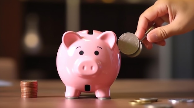 A pink piggy bank with a coin being put into it.