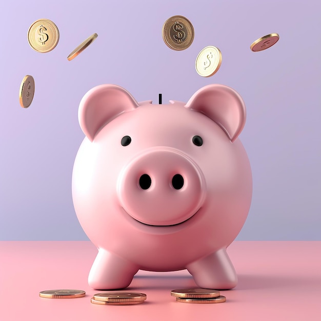 pink piggy bank with coins flying in the air