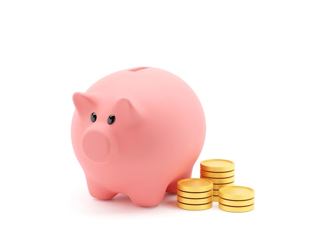 Pink Piggy Bank with coins on white Background, 3D illustration