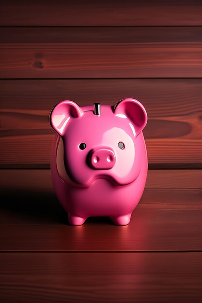 Pink piggy bank with dollar sticking out of it on dark wooden background top view copy space