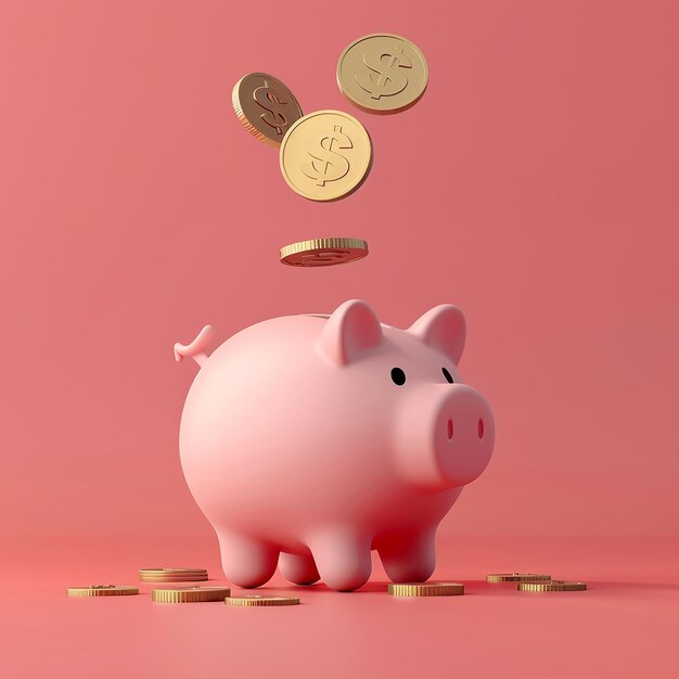 a pink piggy bank with gold coins on it and a coin on the top