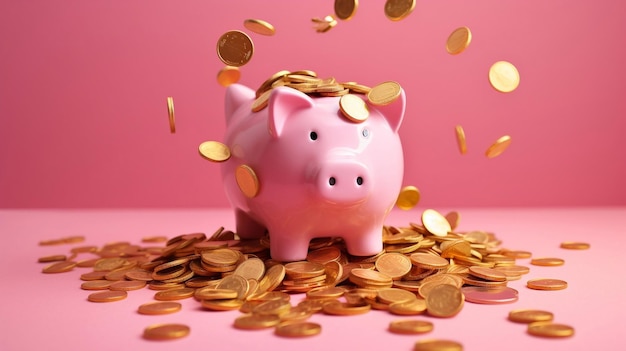 A pink piggy bank with gold coins in the middle of it.