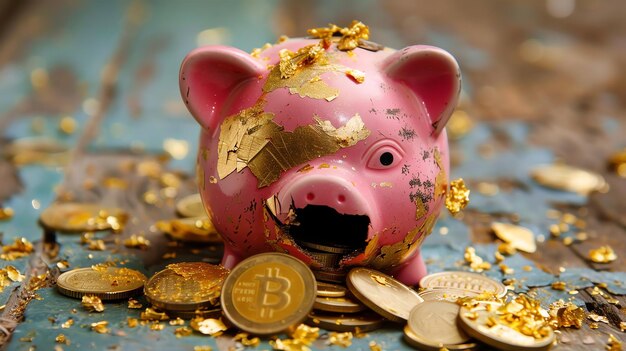 a pink piggy bank with gold leaf covering it is surrounded by gold coins