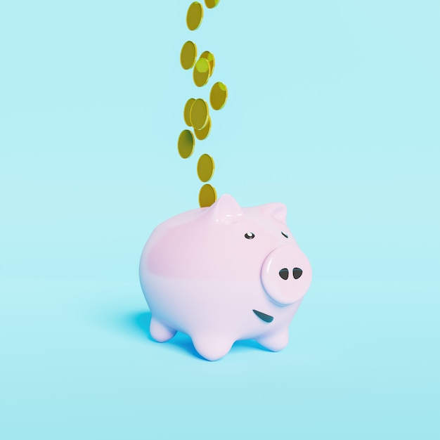 Pink piggy bank with happy face with golden coins 3d rendering