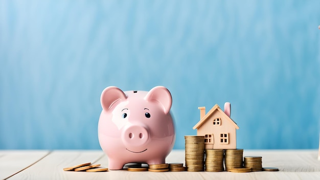 a pink piggy bank with a house and some coins