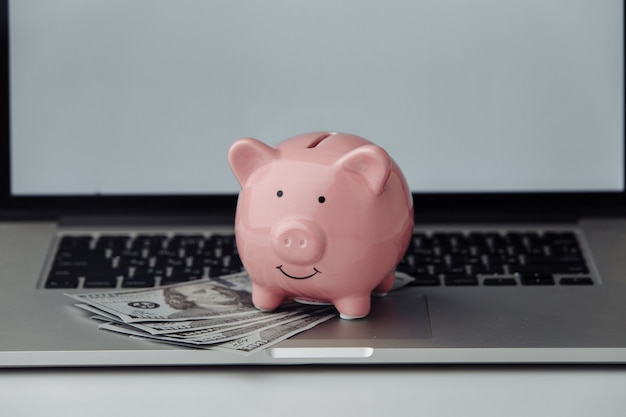 Pink piggy bank with laptop. Online business concept