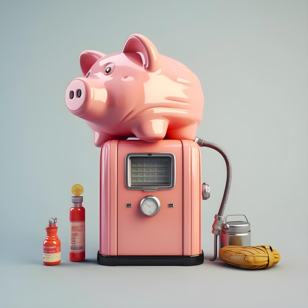 A pink piggy bank with a large dial and a red container with a small amount of medical supplies on it.