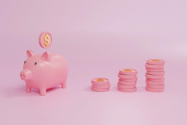 Pink piggy bank with many pink coins stacked beside the bank on a pale pink background 3D rendering