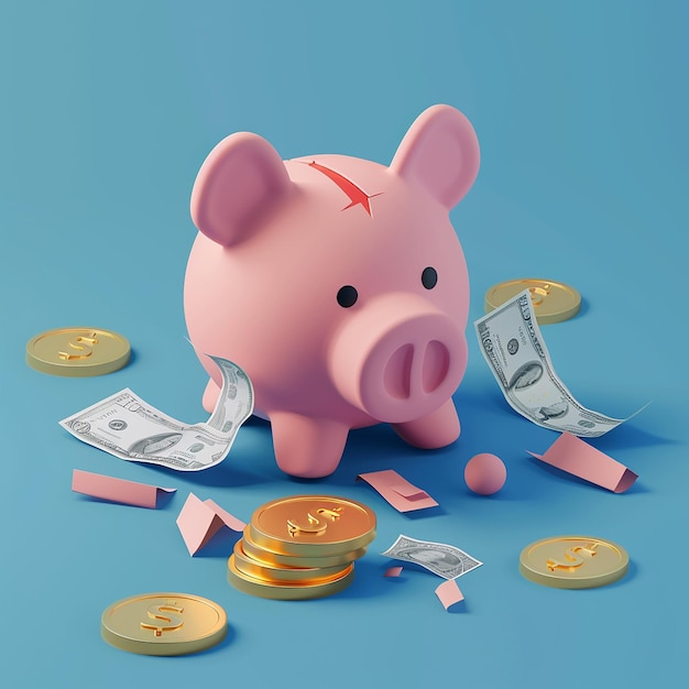 a pink piggy bank with money and money