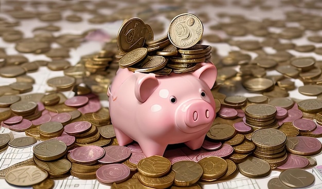 A pink piggy bank with a pile of coins on top of it.