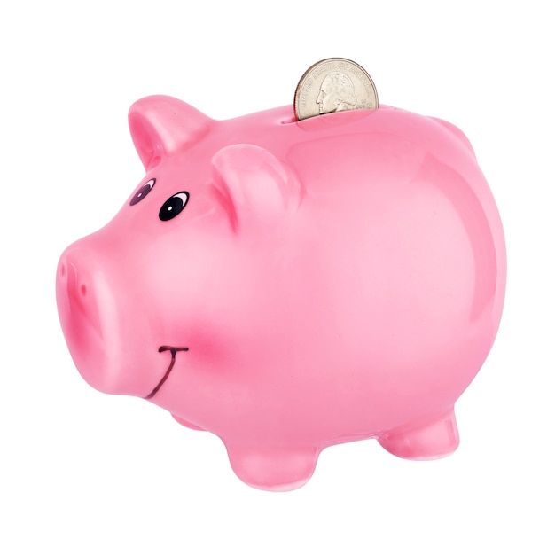 Pink piggy bank with quarter dollar coin isolated on white