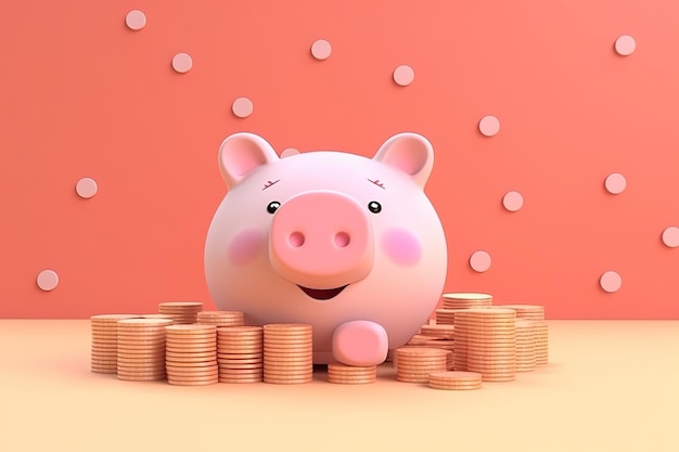 Pink piggy bank with same coins 3D render style AI Generated