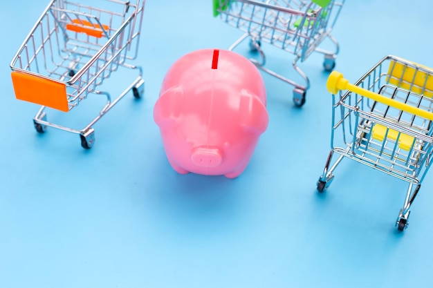 Pink piggy bank with shopping cart