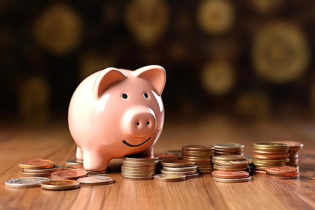 A pink piggy bank with stacks of coins on the table.