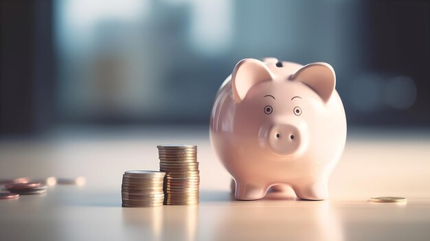 A pink piggy bank with stacks of coins on the table.