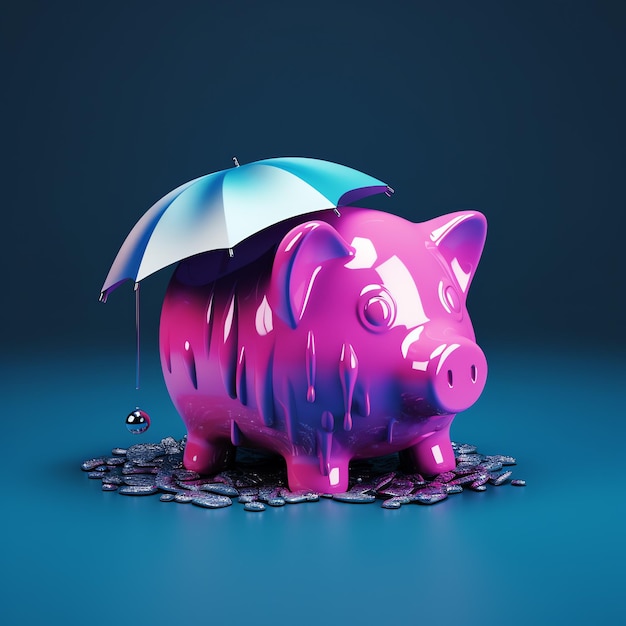 A pink piggy bank with an umbrella