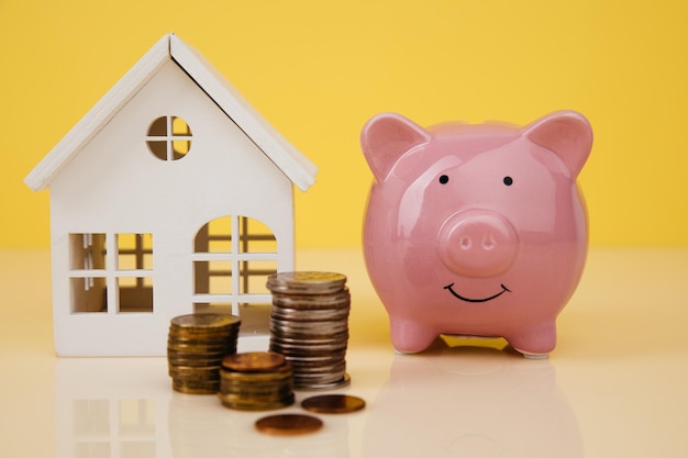 Pink piggy bank with white wooden house with coins closeup on yellow background Concept for financial home loan or money saving for house buying